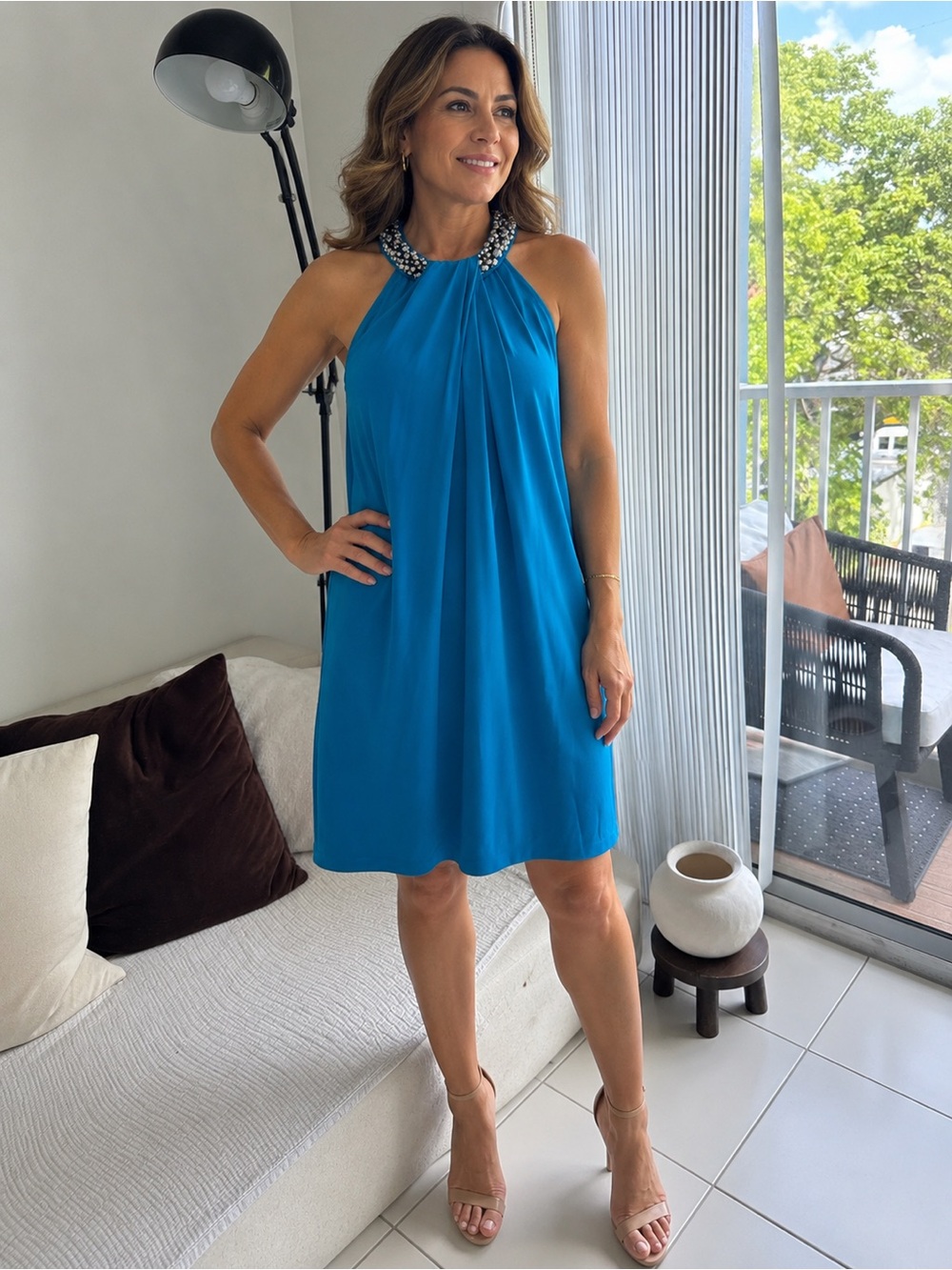 Carmen Marc‎ Valvo Turquoise Beaded Halter Dress